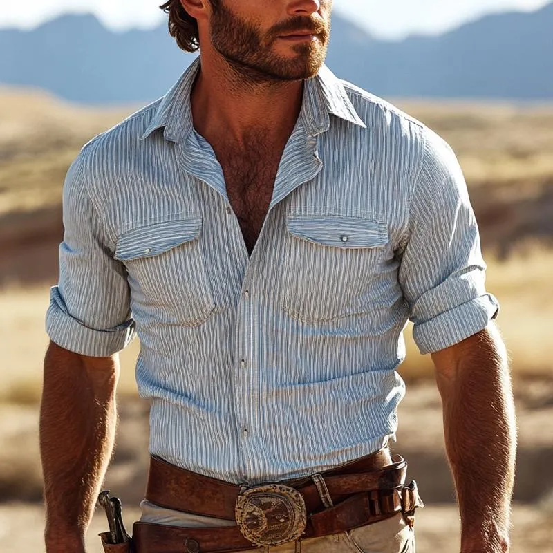 Men's Retro Casual Striped Long Sleeve Shirt 49481992U sold by Manly product image thumbnail 2