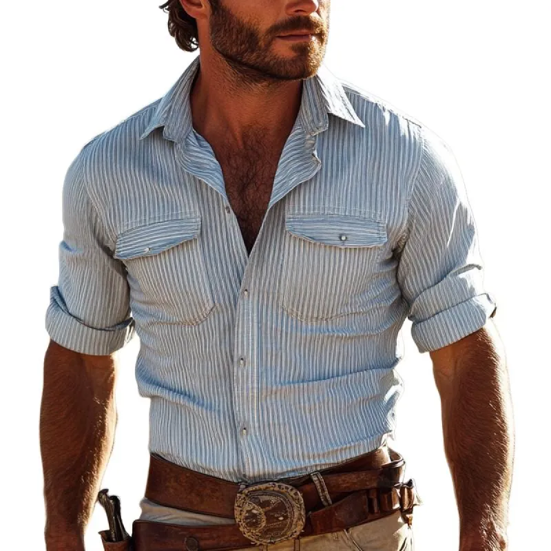 Men's Retro Casual Striped Long Sleeve Shirt 49481992U sold by Manly