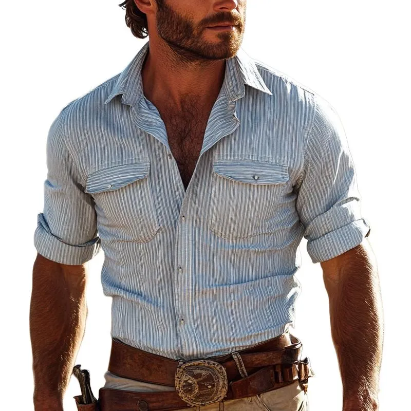 Men's Retro Casual Striped Long Sleeve Shirt 49481992U sold by Manly