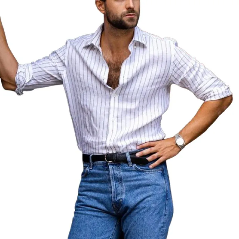 Men's Retro Vertical Striped Long Sleeve Shirt 21209041U sold by Manly