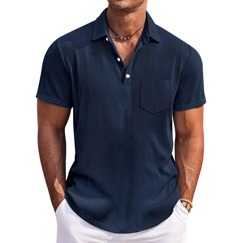 Men's Solid Color Striped Lapel Short Sleeve Loose Polo Shirt 76226481Z sold by Manly