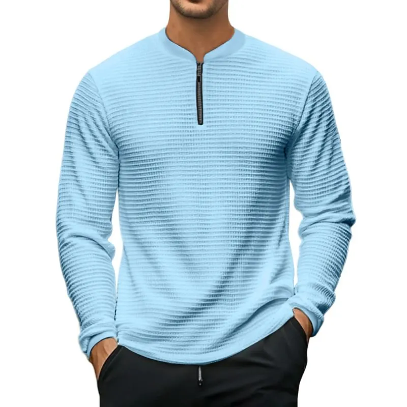 Men's Solid Color Waffle Zipper Collar Long Sleeve T-shirt 18318970Z sold by Manly