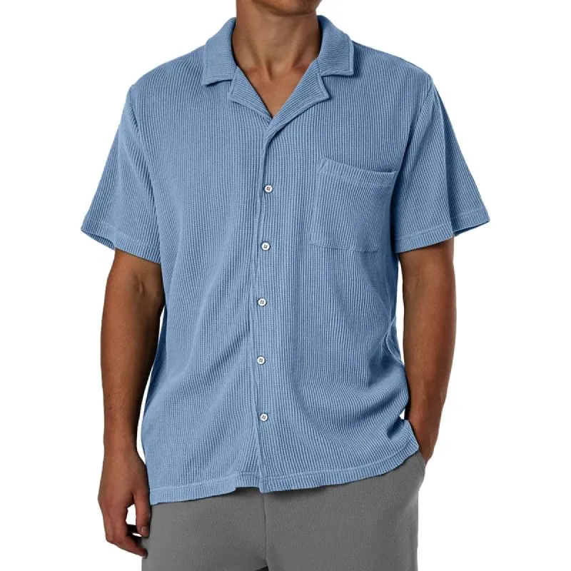 Men's Solid Color Waffle Lapel Short Sleeve Loose Shirt 73134326Z sold by Manly