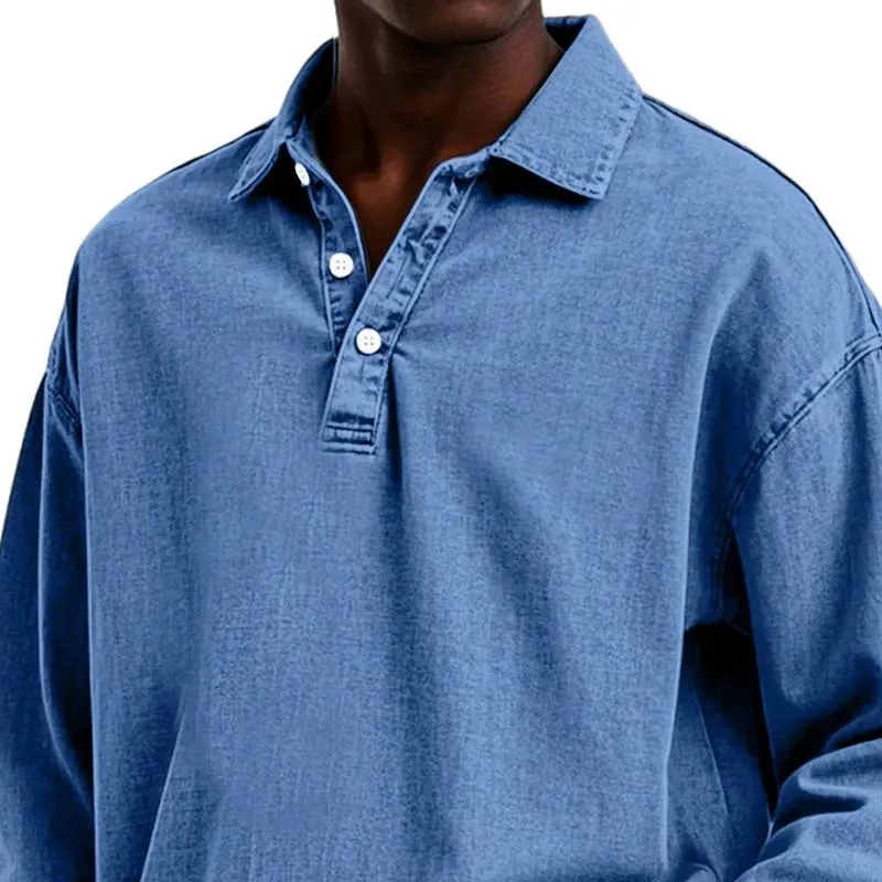 Men's Solid Color Lapel Long Sleeve Loose Denim Polo Shirt 17609159Z sold by Manly product image thumbnail 2