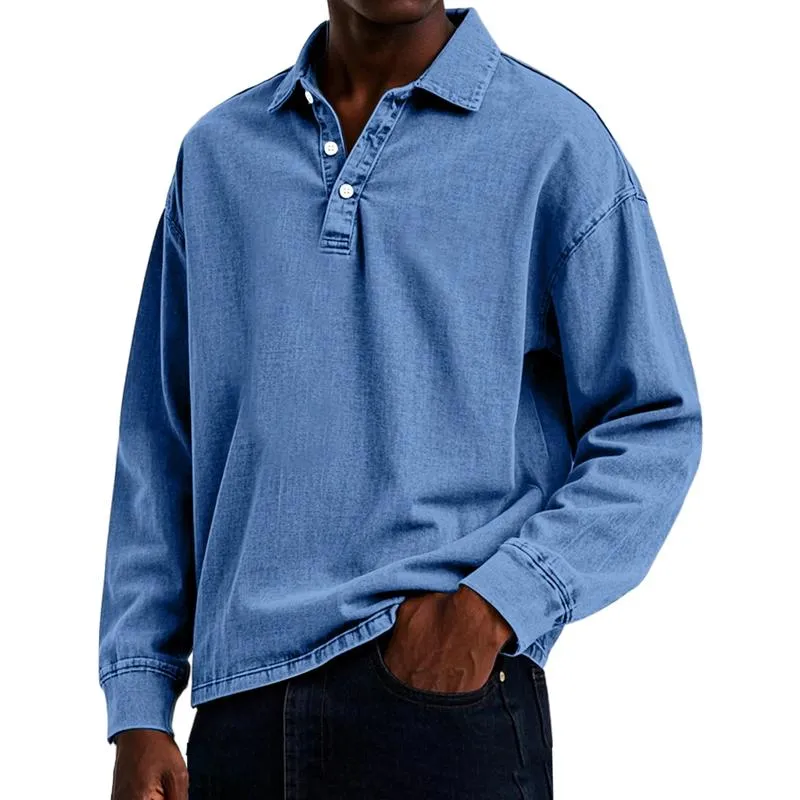 Men's Solid Color Lapel Long Sleeve Loose Denim Polo Shirt 17609159Z sold by Manly