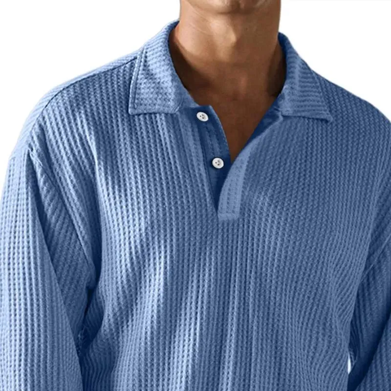 Men's Solid Color Waffle Lapel Long Sleeve Casual Polo Shirt 31978565Z sold by Manly product image thumbnail 2
