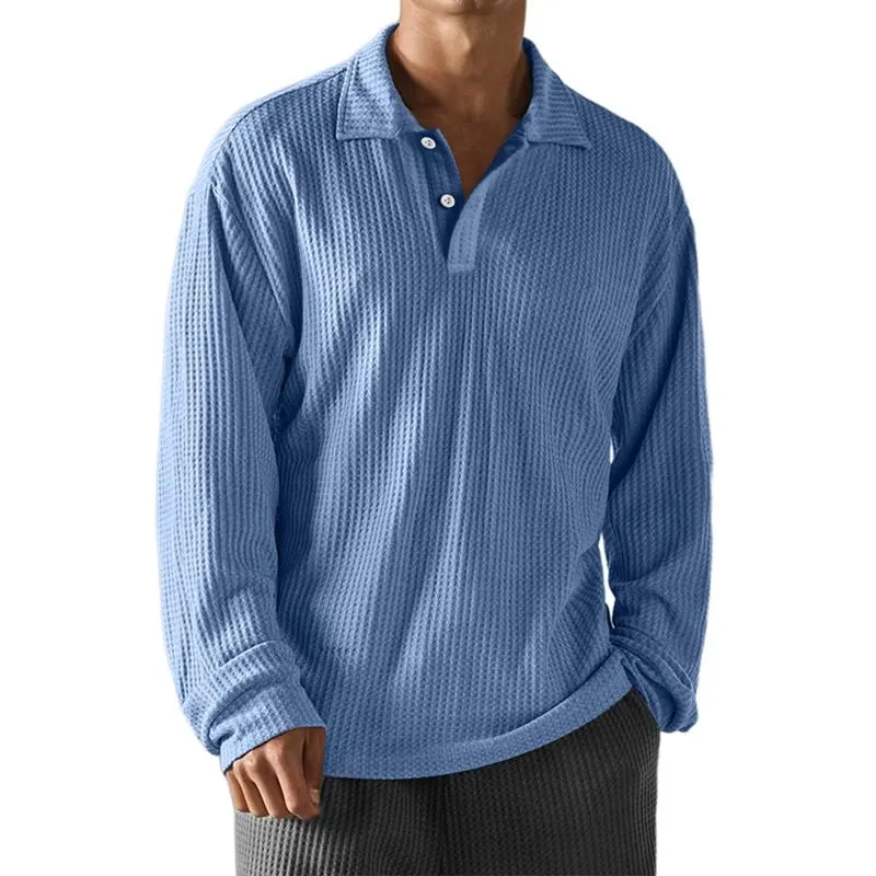 Men's Solid Color Waffle Lapel Long Sleeve Casual Polo Shirt 31978565Z sold by Manly