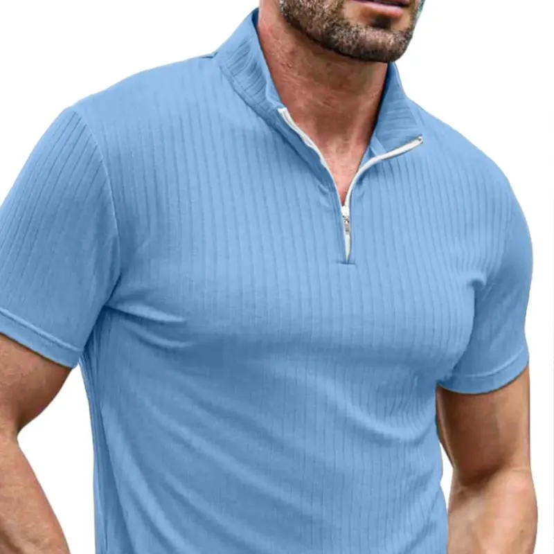 Men's Solid Color Striped Stand Collar Short Sleeve Polo Shirt 86089365Z sold by Manly product image thumbnail 2