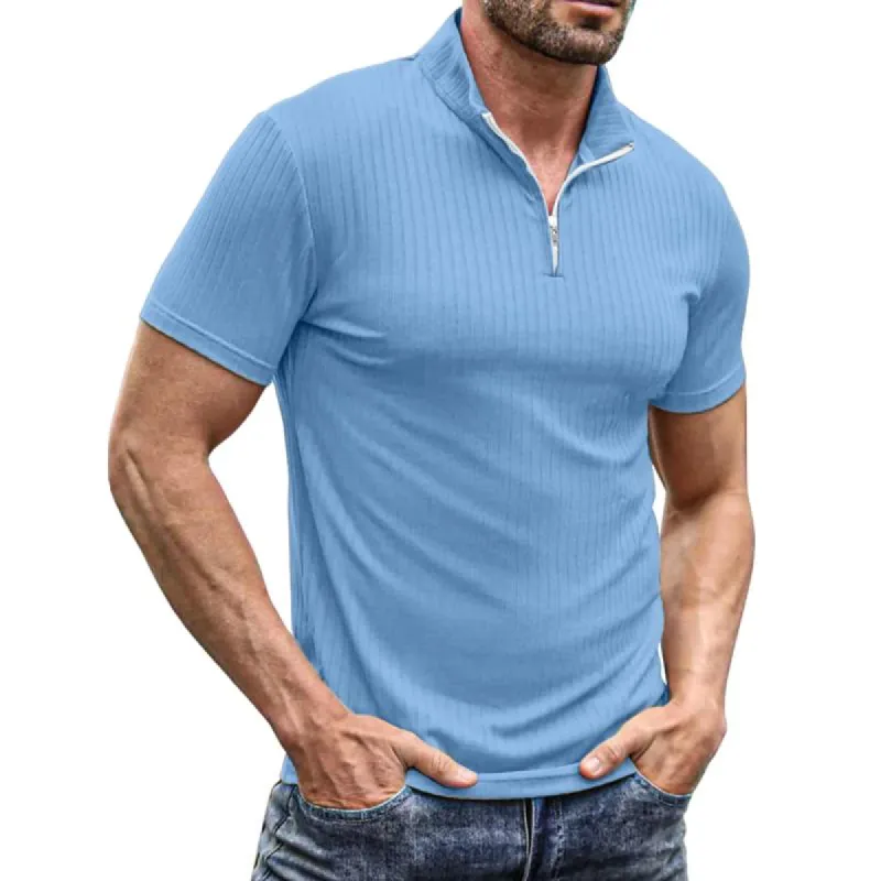 Men's Solid Color Striped Stand Collar Short Sleeve Polo Shirt 86089365Z sold by Manly