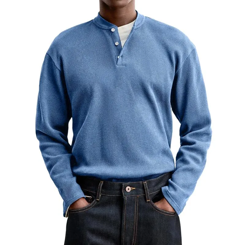 Men's Solid Color Waffle Henley Collar Long Sleeve T-shirt 82079668Z sold by Manly