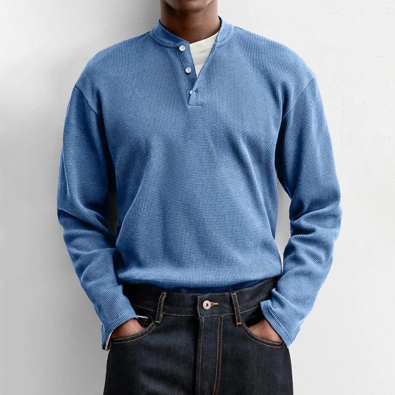 Men's Solid Color Waffle Henley Collar Long Sleeve T-shirt 82079668Z sold by Manly product image thumbnail 2