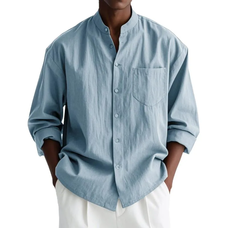 Men's Solid Color Loose Stand Collar Long Sleeve Shirt 77433868Z sold by Manly