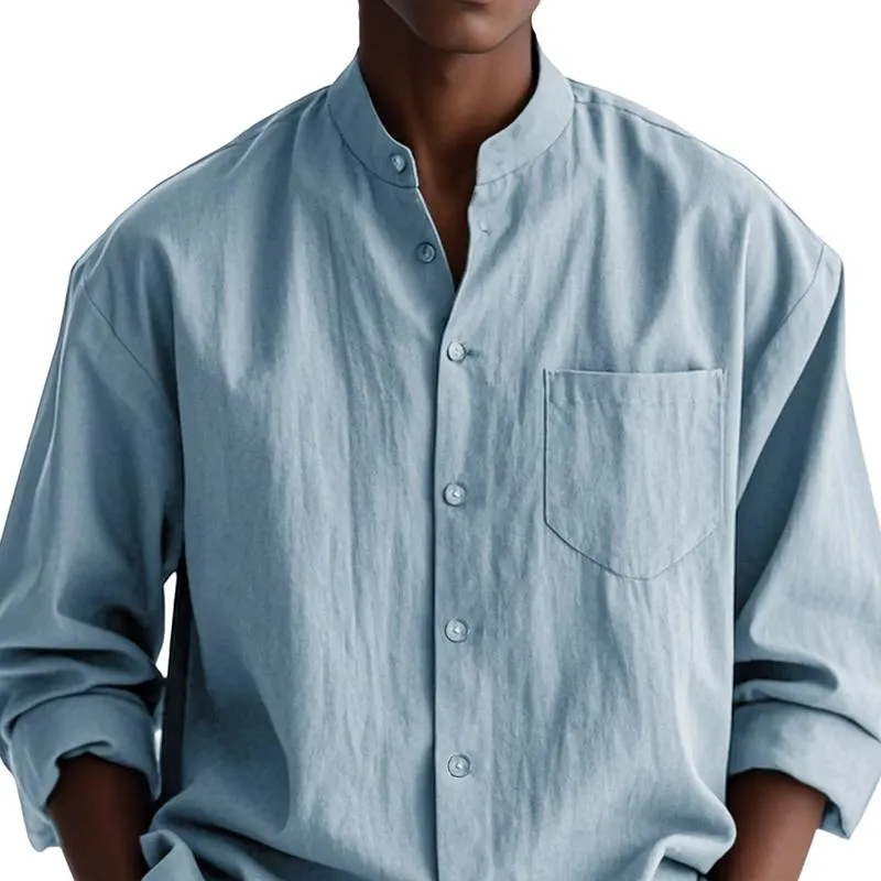 Men's Solid Color Loose Stand Collar Long Sleeve Shirt 77433868Z sold by Manly product image thumbnail 2
