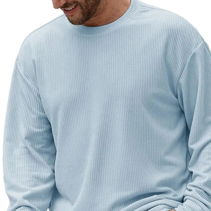 Men's Solid Color Striped Loose Round Neck Long Sleeve T-shirt 19352908Z sold by Manly product image thumbnail 2