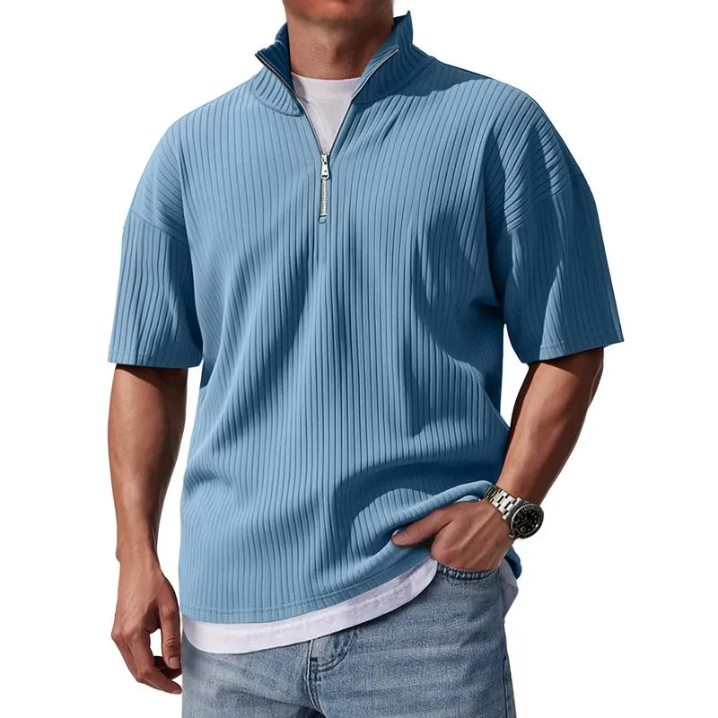 Men's Solid Color Striped Stand Collar Short Sleeve Polo Shirt 52420686Z sold by Manly