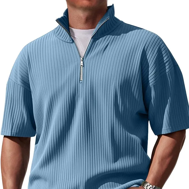 Men's Solid Color Striped Stand Collar Short Sleeve Polo Shirt 52420686Z sold by Manly product image thumbnail 2