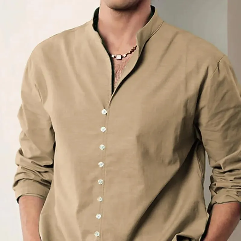 Men's Solid Color Loose Stand Collar Long Sleeve Shirt 83991458Z sold by Manly product image thumbnail 3