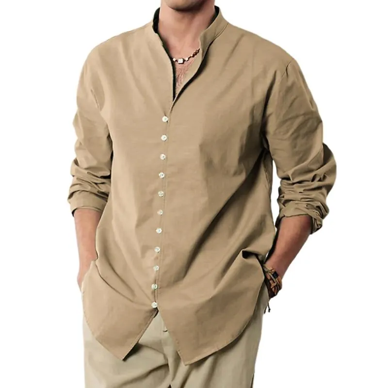 Men's Solid Color Loose Stand Collar Long Sleeve Shirt 83991458Z sold by Manly
