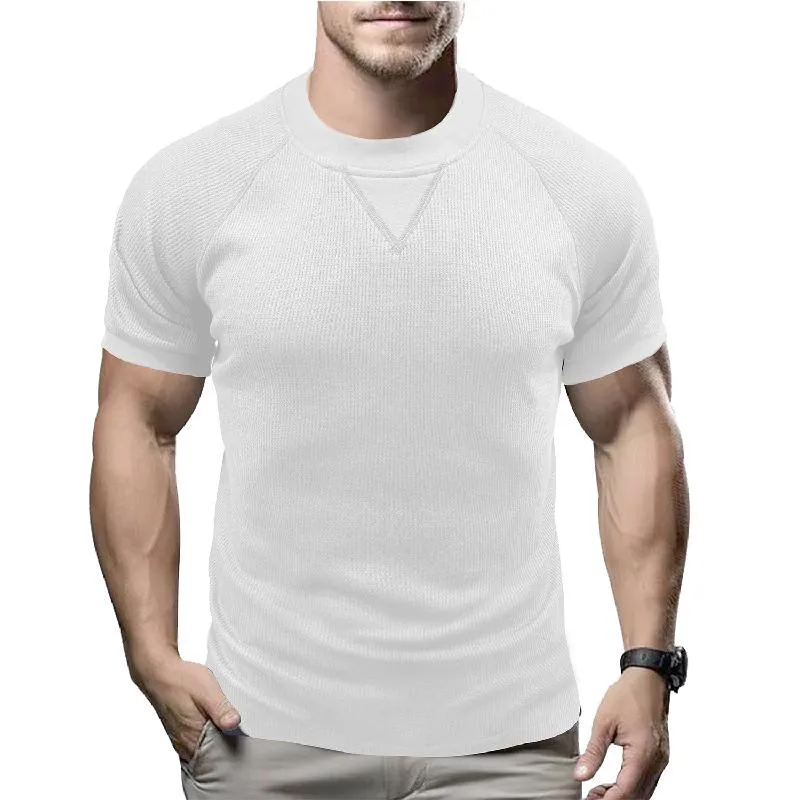 Men's Solid Color Round Neck Waffle Short Sleeve T-shirt 09792187X sold by Manly