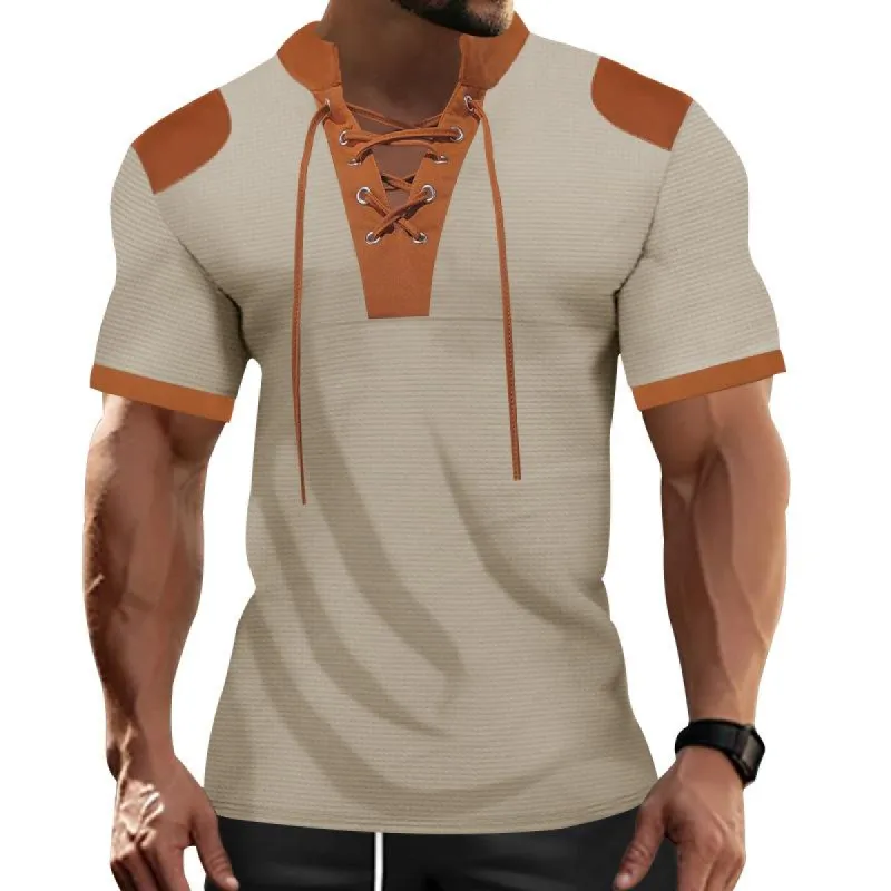 Men's Casual Colorblock Short-sleeved Lace-up T-shirt 22312986X sold by Manly