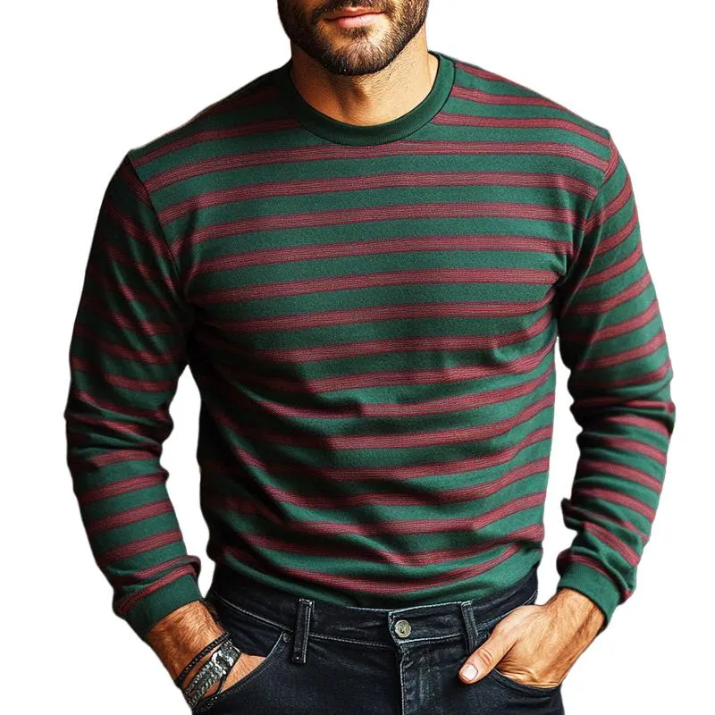 Men's Retro Casual Striped Printed Round Neck Long Sleeve T-Shirt 10200797TO sold by Manly