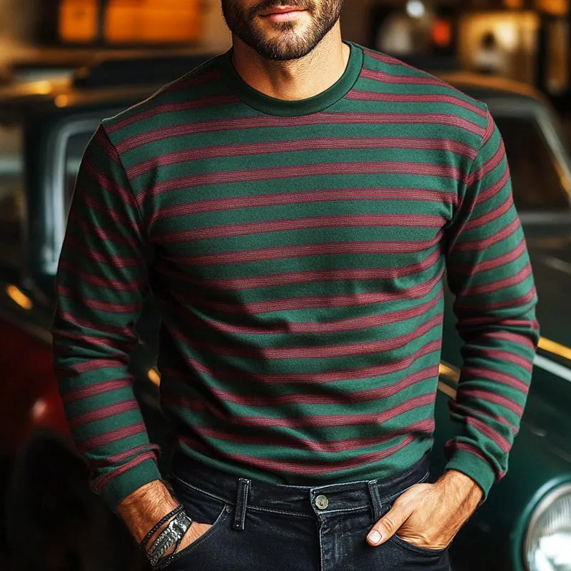 Men's Retro Casual Striped Printed Round Neck Long Sleeve T-Shirt 10200797TO sold by Manly product image thumbnail 2