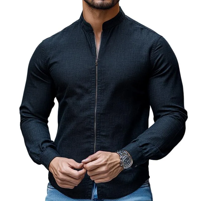 Men's Retro Casual Stand Collar Zipper Long Sleeve Shirt 49116208TO sold by Manly