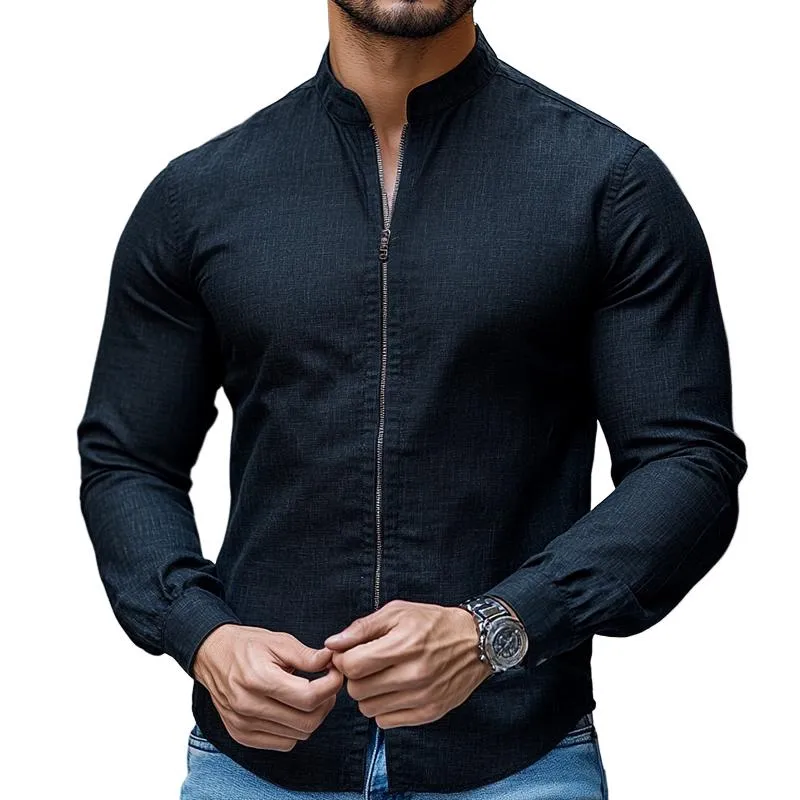 Men's Retro Casual Stand Collar Zipper Long Sleeve Shirt 49116208TO sold by Manly