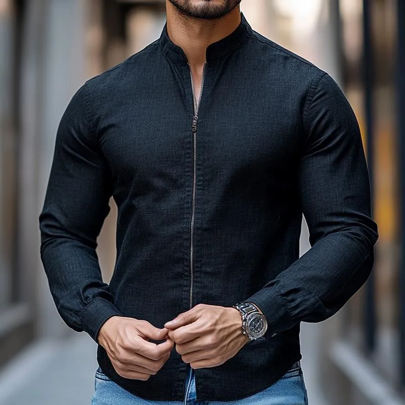 Men's Retro Casual Stand Collar Zipper Long Sleeve Shirt 49116208TO sold by Manly product image thumbnail 2