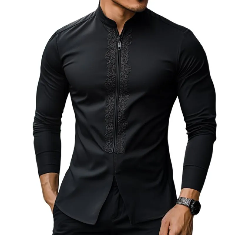 Men's Retro Casual Stand Collar Zipper Long Sleeve Shirt 69318243TO sold by Manly