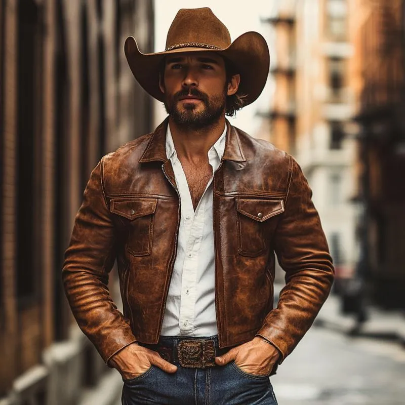 Men's Vintage Lapel Zipper Slim Fit Distressed Leather Jacket 36925346M sold by Manly product image thumbnail 3