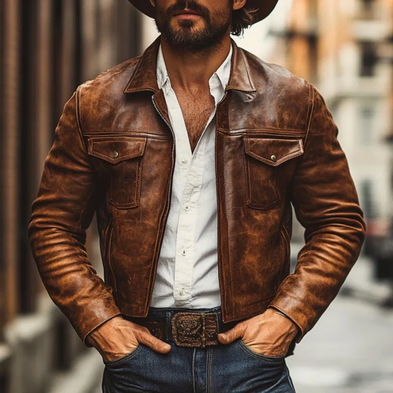 Men's Vintage Lapel Zipper Slim Fit Distressed Leather Jacket 36925346M sold by Manly product image thumbnail 2