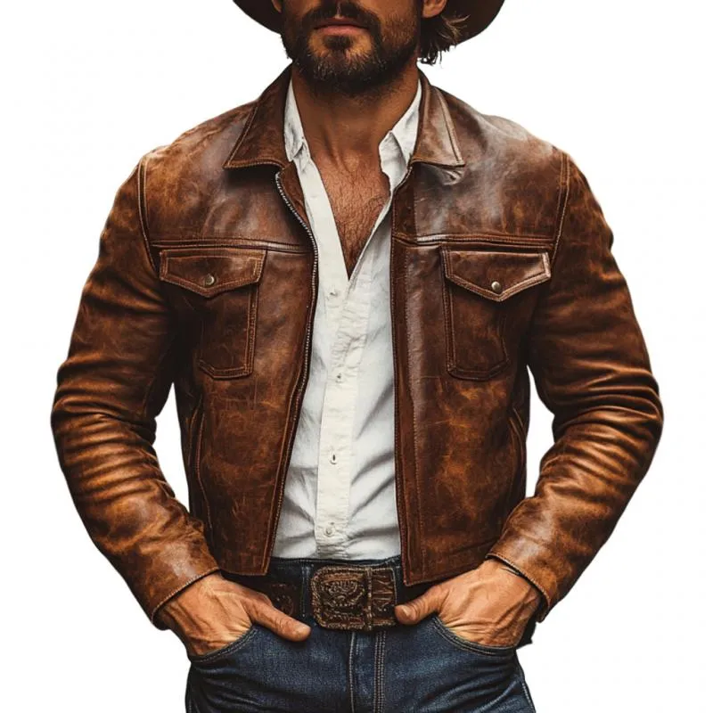 Men's Vintage Lapel Zipper Slim Fit Distressed Leather Jacket 36925346M sold by Manly