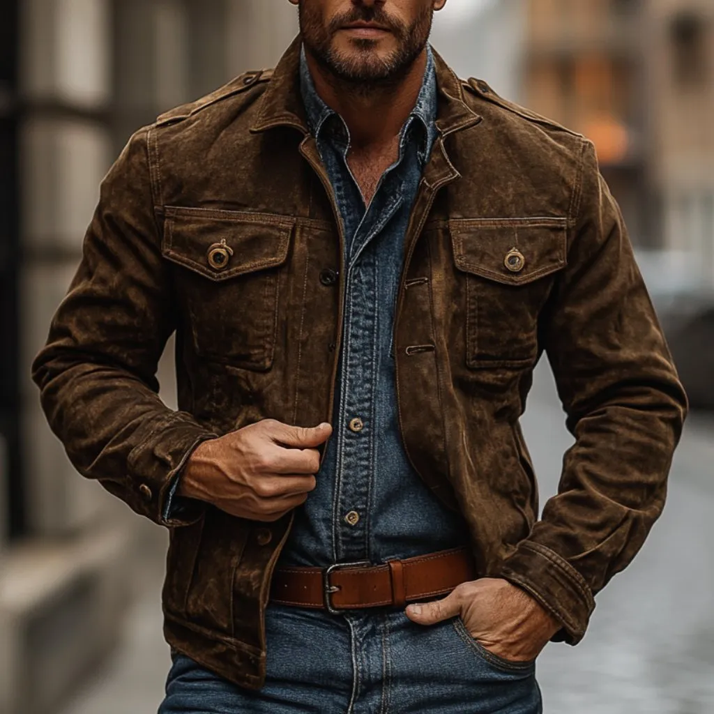 Men's Vintage Suede Lapel Single Breasted Slim Fit Multi-Pocket Jacket 78045918M sold by Manly product image thumbnail 2