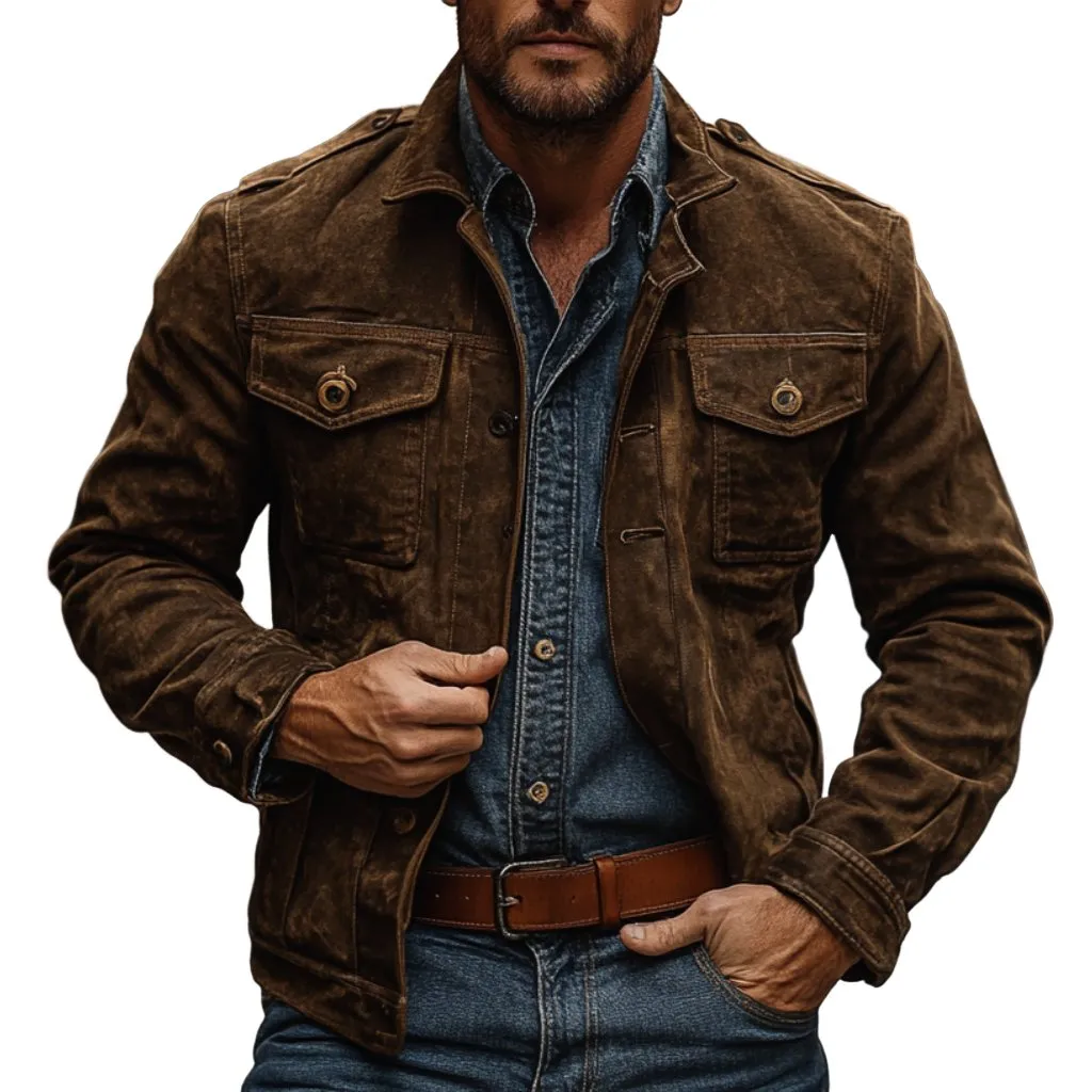 Men's Vintage Suede Lapel Single Breasted Slim Fit Multi-Pocket Jacket 78045918M sold by Manly