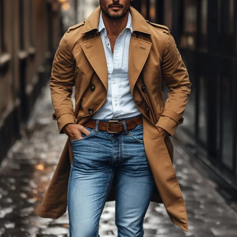 Men's Classic Cotton Lapel Double-breasted Mid-length Trench Coat 13011562M sold by Manly product image thumbnail 2