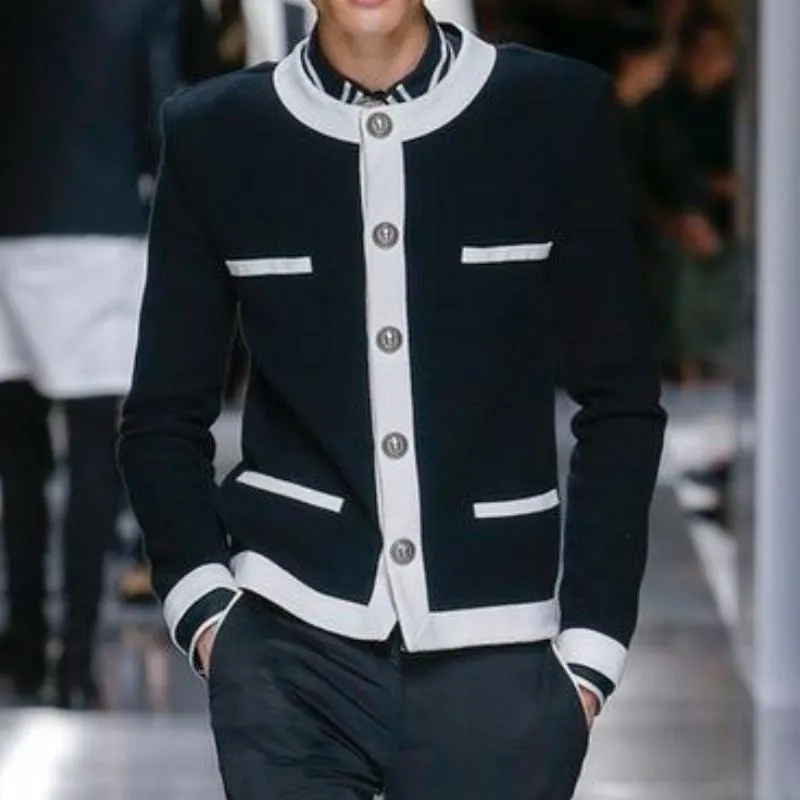 Men's Casual Round Neck Contrast Color Single Breasted Slim Fit Cardigan 40231923M sold by Manly product image thumbnail 2