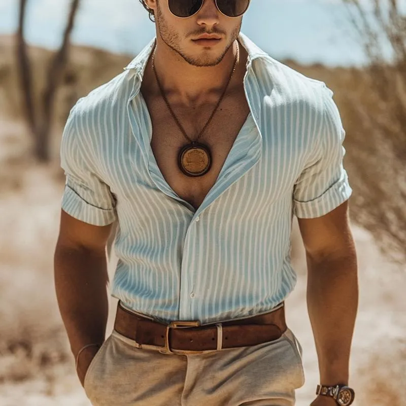 Men's Retro Vertical Striped Short Sleeve Shirt 60547470U sold by Manly product image thumbnail 2