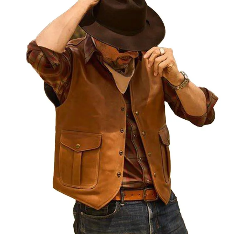 Men's Vintage V-Neck Leather Vest 50763469U sold by Manly