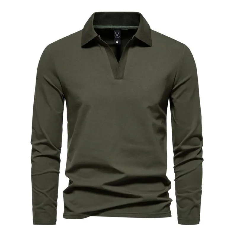 Men's Casual Solid Color V-Neck Long-Sleeved Polo Shirt 00976045Y sold by Manly