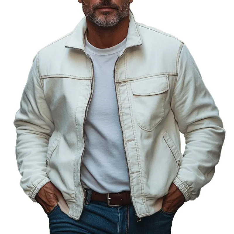 Men's Solid Denim Lapel Zipper Jacket 16540361X sold by Manly