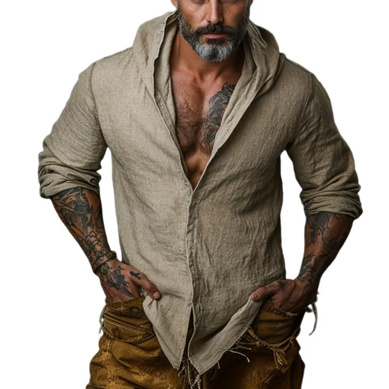 Men's Retro Casual Cotton and Linen Hooded Long Sleeve Shirt 29024615TO sold by Manly