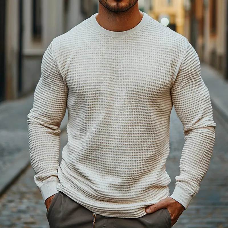 Men's Retro Casual Solid Color Waffle Round Neck Long Sleeve T-Shirt 28567999TO sold by Manly product image thumbnail 2