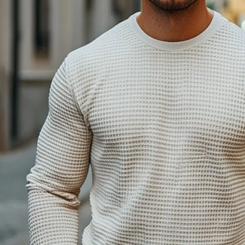 Men's Retro Casual Solid Color Waffle Round Neck Long Sleeve T-Shirt 28567999TO sold by Manly product image thumbnail 3