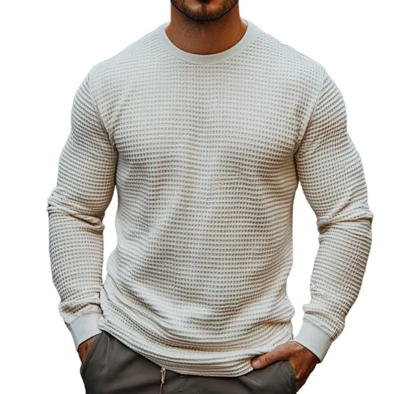 Men's Retro Casual Solid Color Waffle Round Neck Long Sleeve T-Shirt 28567999TO sold by Manly