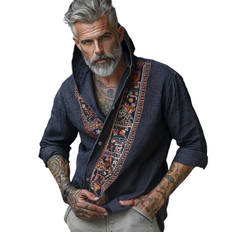Men's Retro Casual Cotton and Linen Totem Print Long Sleeve Shirt 85289083TO sold by Manly
