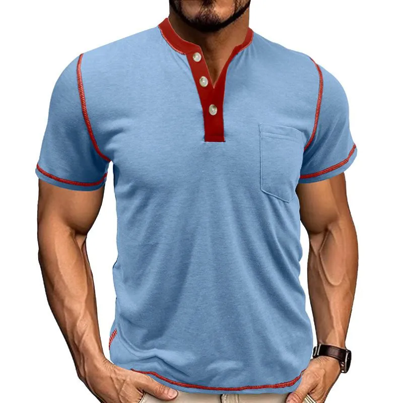 Men's Casual Cotton Colorblock Henley Collar Slim Fit Short Sleeve T-Shirt 17770971M sold by Manly