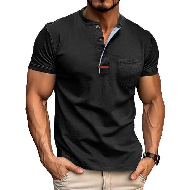 Men's Casual Cotton Colorblock Henley Collar Slim Fit Short Sleeve T-Shirt 51632378M sold by Manly
