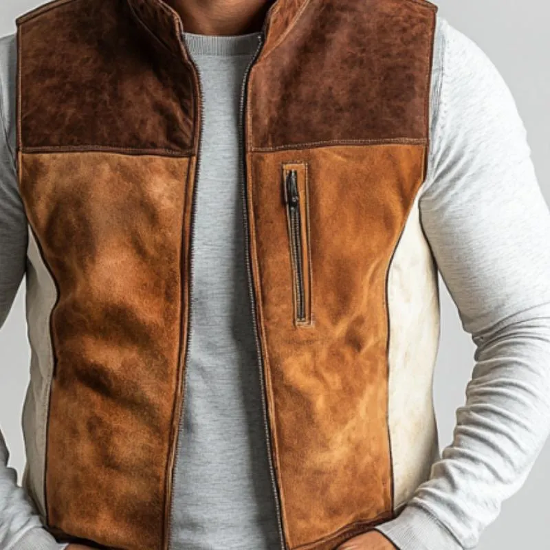 Men's Vintage Suede Colorblock Zipper Stand Collar Vest 54768928Y sold by Manly product image thumbnail 2