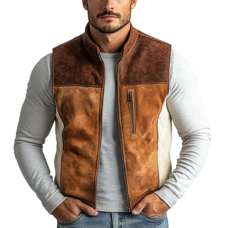 Men's Vintage Suede Colorblock Zipper Stand Collar Vest 54768928Y sold by Manly